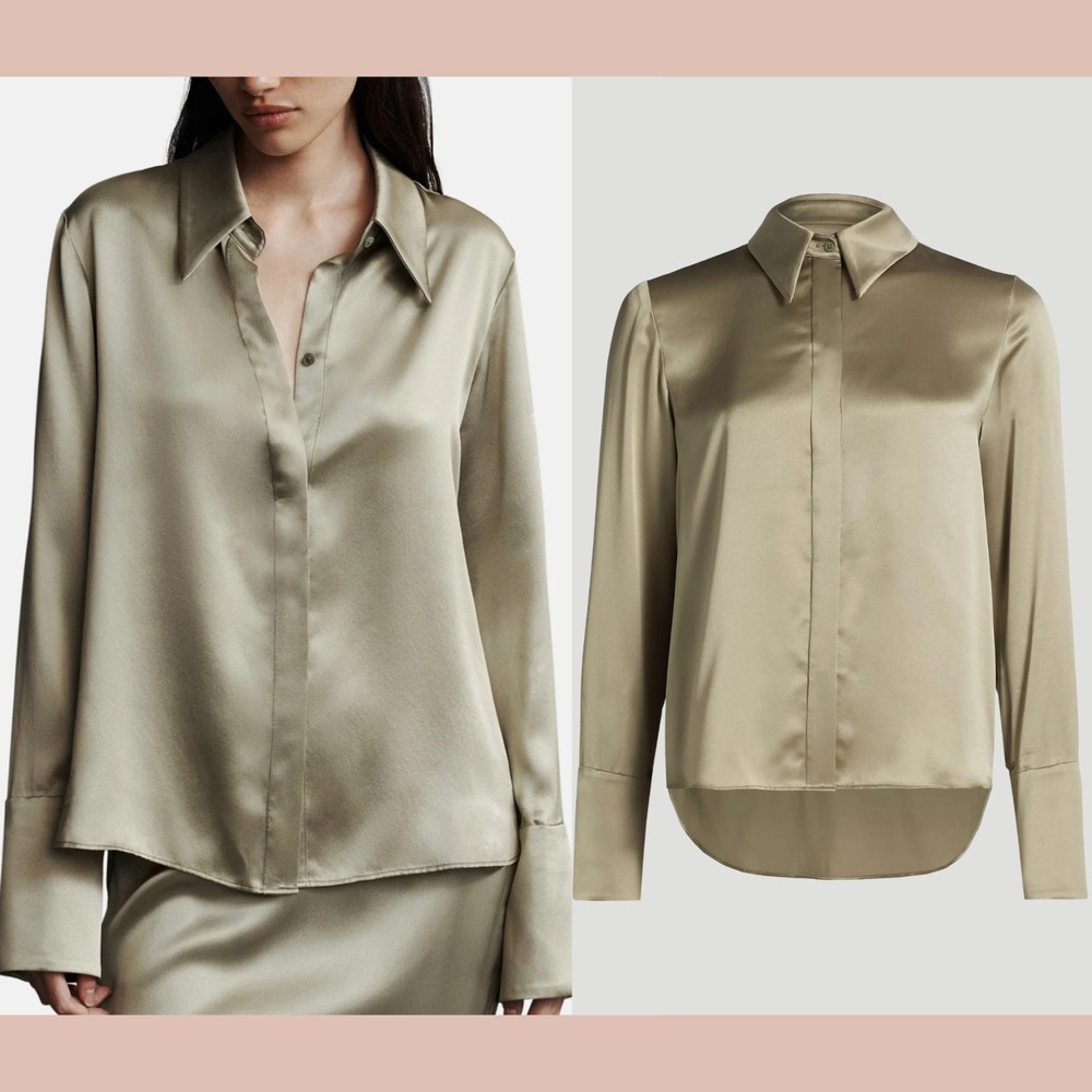 NWD $525 TWP [ Large ] Object Of Affection Silk Button Down Blouse in Sage U1415
